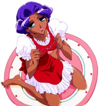 1990s_(style) 1girl bindi blue_eyes breasts dark_skin dark-skinned_female dress female_focus food_plate frills glasses himemiya_anthy holding looking_at_viewer looking_up maid purple_hair red_dress retro_artstyle ribbon short_hair shoujo_kakumei_utena smile solo wavy_hair