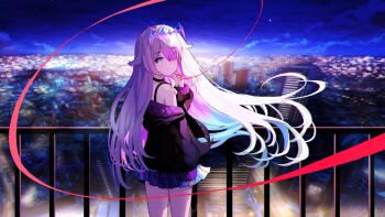 1girl alternate_costume blush choker city_lights cityscape colored_inner_hair crown female_focus gem hair_flaps hair_over_one_eye highres hololive hololive_english jacket koseki_bijou long_hair looking_at_viewer looking_back multicolored_hair night night_sky off-shoulder_jacket off_shoulder pleated_skirt purple_eyes purple_hair red_string skirt sky smile solo string uoca very_long_hair virtual_youtuber
