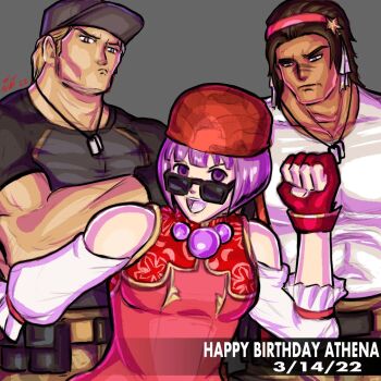 1girl asamiya_athena bandana clark_still collar dress female_focus gloves hairband highres looking_at_viewer open_mouth pale_skin purple_eyes purple_hair ralf_jones smile standing taurence_bell the_king_of_fighters wide_hips