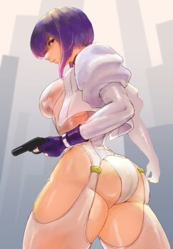 1girl ass fingerless_gloves from_below ghost_in_the_shell gloves gun handgun highres jacket juliet_sleeves kusanagi_motoko leotard long_sleeves mayonakadays medium_hair puffy_sleeves purple_hair red_eyes solo thighs weapon white_jacket white_leotard