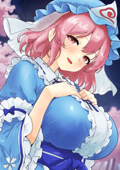 1girl blue_hat blue_kimono blush cherry_blossoms frilled_kimono frills hands_on_own_chest hat highres hinben japanese_clothes kimono looking_at_viewer mob_cap pink_eyes pink_hair saigyouji_yuyuko short_hair solo touhou upper_body