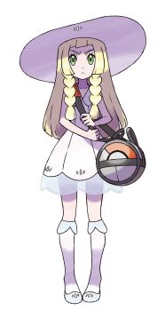 1girl :&lt; absurdres bag blonde_hair braid closed_mouth dress full_body green_eyes hat highres kneehighs lillie_(pokemon) long_hair nintendo official_art pigeon-toed poke_ball_theme pokemon pokemon_sm socks solo standing sugimori_ken sun_hat third-party_source transparent_background twin_braids v-shaped_eyebrows white_dress