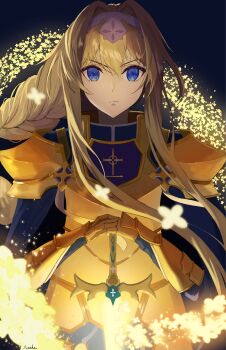 :| absurdres alice_zuberg armor armored_gloves black_background blonde_hair blue_eyes blue_shirt braid braided_ponytail closed_mouth collared_shirt commentary_request cuirass expressionless fragrant_olive_sword gold_armor hair_intakes headband highres long_hair long_sleeves metal_gloves pauldrons shirt shoulder_armor simple_background standing straight-on sword sword_art_online sword_art_online:_alicization turtleneck turtleneck_shirt upper_body v-shaped_eyebrows weapon white_headband yasaka_sei