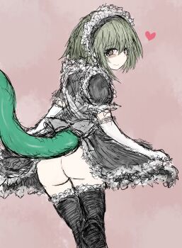 1boy apron ass bill_(black_souls) black_souls black_souls_2 dress green_hair green_tail hairband highres lizard_tail lizardman looking_at_viewer looking_back male_focus official_art puffy_sleeves reptile_boy short_hair smile solo sushi_yuusha_toro tail trap