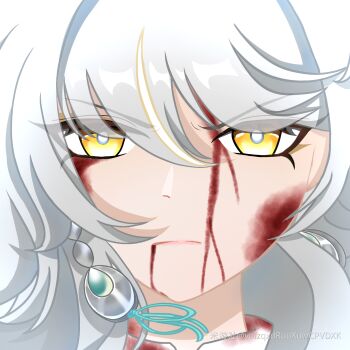 1girl blood blood_on_face bright_pupils closed_mouth commentary_request earrings genshin_impact hair_between_eyes highres jewelry long_hair looking_at_viewer miyoushe_watermark multicolored_hair simple_background solo streaked_hair voizqxdruuxuwcpvdxk watermark white_background white_hair white_pupils yellow_eyes zibai_(genshin_impact)