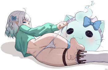 1girl absurdres ahoge ass barefoot blue_eyes butt_crack commentary frilled_thighhighs frills gradient_hair green_hair green_sweater hashtag-only_commentary highres indie_virtual_youtuber long_sleeves looking_at_viewer looking_back lying median_furrow mint_fantome mole mole_on_ass multicolored_hair no_pants panties short_hair side-tie_panties simple_background single_thighhigh soles solo strap_pull sweater thigh_strap thighhighs toes two_side_up underwear untied_panties virtual_youtuber wavy_hair white_background white_hair white_panties white_thighhighs wisps_(mint_fantome) x_xith_x