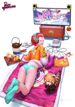 1girl anus ass blue_eyes controller feet_up female_focus food from_behind game_cartridge game_console game_controller glasses green_panties green_socks headphones looking_at_another lying no_shoes on_stomach orange_hair original panties panty_warriors pillow pink_lips playing playing_games pocky raccoon red_hair short_hair simple_background smile snack socks solo super_famicom tagme tea teapot television thighs underwear wen_juinn white_background