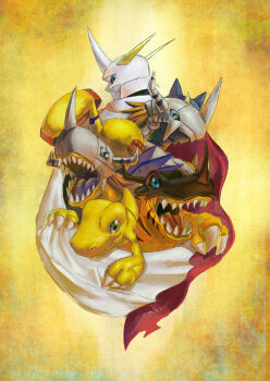 agumon armor bandai cape claws digimon digimon_adventure dragon evolution full_armor greymon highres horns kudan_(taiki0701) metalgreymon muscular omegamon wargreymon