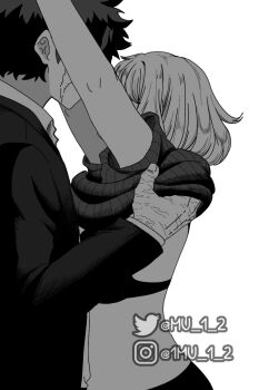 1boy 1girl boku_no_hero_academia bra clothes_lift commentary english_commentary facial_scar formal_clothes greyscale height_difference highres instagram_username jacket lifting_another&#039;s_clothes midoriya_izuku monochrome mu_1_2 panties ribbed_shirt scar scar_on_cheek scar_on_face scar_on_hand shirt shirt_lift suit twitter_username underwear uraraka_ochako watermark