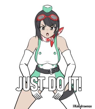 1girl :o black_eyes black_hair breasts cleavage digimon digimon_story:_time_stranger dress elbow_gloves english_text gloves highres just_do_it_(meme) kakudrawmon large_breasts looking_at_viewer meme short_hair two-tone_dress white_background wide_hips yuuki_kanan