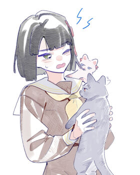 Rule 34 | 1girl, animal, animalization, biting another's hair, biting hair, black cat, black hair, blue eyes, blunt bangs, blunt ends, bob cut, brown dress, cat, ceras yanagida lilienfeld, commentary request, dress, ear wiggle, edel note, green eyes, hair ornament, hasu no sora school uniform, highres, holding, holding animal, holding cat, jitome, katsuragi izumi, link! like! love live!, long sleeves, looking at another, love live!, momose ginko, neckerchief, one eye closed, orange eyes, peanut mouth, pink ribbon, pipi (m1x mix), ribbon, sailor collar, sailor dress, school uniform, short hair, shout lines, solo, triangle hair ornament, virtual youtuber, white cat, white sailor collar, winter uniform, yellow neckerchief