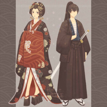 1boy 1girl black_kimono brown_eyes brown_hair brown_kimono commission datehyogo full_body hair_ornament highres iimia japanese_clothes kanzashi katana kimono koma-geta looking_at_viewer manaita_obi nihongami oiran original platform_sandals ponytail sandals standing sword weapon