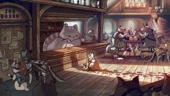 artist_name bandages book candle cat coin cup dirty fantasy gold_coin hat highres indoors job_board mug neytirix original paw_print potion quest sack scar scroll staff wanted_poster witch_hat