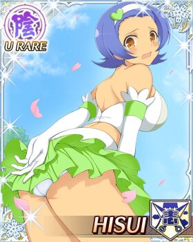 1girl bandage_on_nose blue_hair breasts brown_eyes card_(medium) dark-skinned_female dark_skin elbow_gloves english_text from_behind game_cg gloves headband heart hisui_(senran_kagura) idol_clothes large_breasts looking_back midriff non-web_source official_alternate_costume official_art panties pantyshot parted_bangs petals senran_kagura senran_kagura_new_wave short_hair tamaki_(senran_kagura) tan underwear white_headband white_panties wind wind_lift