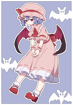 Rule 34 | 1girl, absurdres, ascot, bat wings, blue hair, blush stickers, border, closed mouth, collared dress, commentary, dress, frilled dress, frilled shirt collar, frilled sleeves, frills, full body, hat, highres, kame (kamepan44231), mary janes, mob cap, outline, pink dress, pink hat, red ascot, red eyes, red shoes, remilia scarlet, shoes, short hair, short sleeves, simple background, socks, solo, touhou, white border, white outline, white socks, wings, wrist cuffs