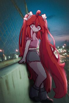 1girl black_shoes bonbon_(bonzomcbonbon) bow bright_pupils city_lights cityscape dot_nose fence grey_skirt grey_socks hair_bow ketchup_(bonzomcbonbon) long_hair looking_at_viewer loose_socks messy_hair midriff navel night night_sky original outdoors photo_background pink_shirt red_eyes shirt shoes skirt sky smile socks solo twintails very_long_hair white_bow white_pupils