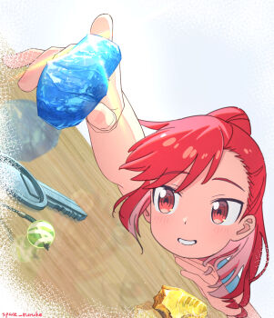 2020s 2025 charm_(object) crystal desk glass gold highres holding holding_crystal holding_glass key marble_(stone) marble_(toy) ponytail red_eyes red_hair ruri_no_houseki sea_glass seto_shouko smile space_ruruke teeth wood wooden_desk