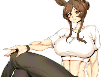 1girl abs animal_ears black_pants breasts brown_eyes brown_hair commentary_request cropped_shirt crossed_legs gentildonna_(umamusume) hair_bun highres horse_ears horse_girl large_breasts long_hair looking_at_viewer minew navel pants shirt short_sleeves sidelocks sitting smile solo swept_bangs toned toned_female umamusume white_shirt wristband