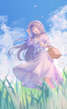 Rule 34 | 1girl, :d, absurdres, basket, blue sky, bonnet, bow, breasts, bright pupils, choker, cleavage, cloud, cloudy sky, commentary, dress, frills, grass, hand up, highres, honkai (series), honkai impact 3rd, long hair, open mouth, outdoors, petals, purple eyes, raiden mei, ribbon, sky, smile, two-tone dress, very long hair, wasdmyway