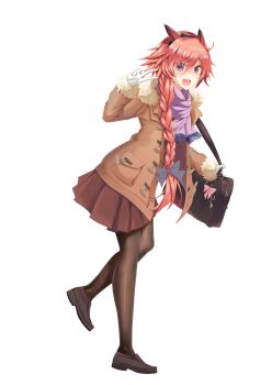 1boy absurdres androgynous astolfo_(fate) bag bag_bow black_bow bow braid brown_coat brown_pantyhose brown_shoes cloak coat commentary_request fang fate/apocrypha fate/grand_order fate_(series) full_body fur-trimmed_coat fur_trim hair_bow hair_intakes highres husun_wei long_hair male_focus multicolored_hair multiple_hair_bows open_mouth pantyhose pink_hair pink_scarf pleated_skirt purple_eyes scarf shoes shoulder_bag single_braid skin_fang skirt smile solo streaked_hair transparent_background v white_cloak white_hair