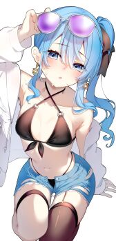 1girl alternate_costume arm_up bikini bikini_bottom_under_shorts bikini_under_clothes black_bikini black_ribbon black_thighhighs blue_eyes blue_hair blue_shorts breasts cleavage commentary_request criss-cross_halter darjeeling_(reley) denim denim_shorts double-parted_bangs earrings eyewear_on_head flat_chest front-tie_bikini_top front-tie_top garter_straps hair_between_eyes hair_ribbon halterneck highres hololive hoshimachi_suisei jacket jacket_over_swimsuit jewelry long_hair looking_at_viewer multi-strapped_bikini_bottom navel open_clothes open_fly open_jacket open_mouth parted_lips purple-tinted_eyewear revision ribbon short_shorts shorts side_ponytail sidelocks simple_background single_garter_strap single_thighhigh solo star_(symbol) star_in_eye sunglasses sweatdrop swimsuit symbol_in_eye thigh_strap thighhighs tinted_eyewear torn_clothes torn_shorts virtual_youtuber white-framed_eyewear white_background white_jacket white_thighhighs