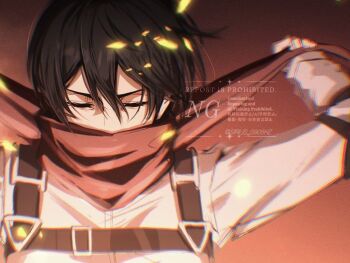 1girl black_hair chest_harness closed_eyes commentary_request embers gradient_hair hair_between_eyes harness long_sleeves mikasa_ackerman multicolored_hair red_background red_scarf scarf shingeki_no_kyojin shirt short_hair sirius_0905hz solo straight-on upper_body white_shirt