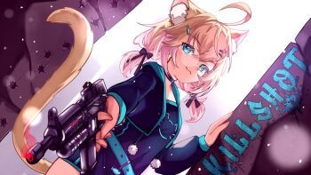 1girl :3 ahoge animal_ear_fluff animal_ears aqua_belt aqua_eyes azuukichan bell belt black_jacket black_ribbon black_shirt black_shorts blonde_hair bullet_hole cat_ears cat_girl cat_tail closed_mouth colored_smoke commentary covered_navel drawstring dutch_angle english_commentary eyelashes glasses gun hair_ornament hair_ribbon hairclip hand_on_wall holding holding_gun holding_weapon indie_virtual_youtuber jacket light_particles long_sleeves medium_hair minikomew official_art open_clothes open_jacket pom_pom_(clothes) pom_pom_drawstring ribbon round_eyewear second-party_source shirt short_twintails shorts smile smoke smoking_barrel solo song_name tail twintails video_thumbnail virtual_youtuber weapon white-framed_eyewear youtube_video_thumbnail