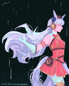 1girl animal_ears armband belt_pouch blunt_bangs blush bow bowtie breasts brown_hat closed_eyes dress ear_bow ear_ribbon gloves gold_ship_(red_strife)_(umamusume) gold_ship_(umamusume) grey_hair hat horse_ears horse_girl horse_tail leggings long_hair lvc1d pantyhose parted_lips pillbox_hat pouch red_bow red_bowtie red_dress sleeveless sleeveless_dress solo striped_armband striped_clothes tail thigh_strap umamusume white_gloves white_leggings white_pantyhose