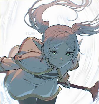 1boy 1girl absurdres artist_name blurry capelet commentary depth_of_field dress earrings elf english_commentary expressionless frieren green_eyes highres holding holding_staff jewelry mage_staff parted_bangs pointy_ears simple_background solo sousou_no_frieren staff teardrop_earrings twintails white_background white_capelet white_dress white_hair yiiande