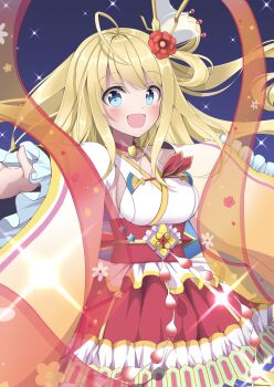 Rule 34 | 1girl, ahoge, battle spirits, blonde hair, blue eyes, collar, commentary request, detached sleeves, fj 0102, flower, hagoromo, hair flower, hair ornament, hair rings, highres, japanese clothes, kimono, long hair, obi, odaibako, open mouth, outstretched arms, red collar, rei ooba, sash, shawl, solo, sparkle, spread arms, white kimono