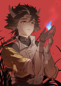 Rule 34 | 1boy, 676643396dolce, absurdres, animal ear piercing, animal ears, arknights, blood, blood on clothes, blue fire, braid, brown hair, chinese commentary, collared shirt, commentary request, corruption, cow boy, cow ears, cow horns, fire, gloves, hands up, highres, horns, long hair, male focus, multicolored hair, parted lips, partially fingerless gloves, red background, shirt, short sleeves, simple background, solo, streaked hair, undershirt, upper body, very long hair, wan qing (arknights), white gloves, white hair, white shirt