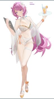 Rule 34 | 1girl, absurdres, bikini, breasts, chinese commentary, cleavage, commentary request, drink, elf, elysia (herrscher of human: ego) (honkai impact), elysia (honkai impact), food, fruit, full body, hair ornament, highres, holding, holding menu, honkai (series), honkai impact 3rd, large breasts, long hair, menu, midriff, navel, omutusia, orange (fruit), orange slice, pink hair, pointy ears, purple eyes, sandals, scrunchie, see-through clothes, see-through skirt, simple background, skirt, smile, solo, swimsuit, toes, very long hair, white background, white bikini, wrist scrunchie