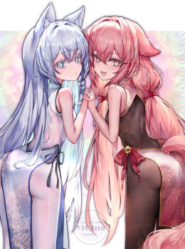 Rule 34 | 2girls, absurdres, animal ear fluff, animal ears, ass, bell, blue eyes, bow, braid, china dress, chinese clothes, commentary request, dress, english text, fang, fox ears, fox tail, grey eyes, grey hair, highres, holding hands, interlocked fingers, long hair, looking at viewer, looking back, low twintails, multiple girls, open mouth, original, pink hair, sleeveless, sleeveless dress, smile, tail, twintails, very long hair, white dress, yellow eyes, yinber