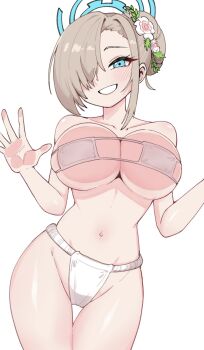 1girl asuna_(blue_archive) bare_shoulders bikini blonde_hair blue_archive blue_eyes blue_halo blush breasts cleavage collarbone eyepatch_bikini fundoshi grin groin hair_bun hair_over_one_eye halo highres japanese_clothes large_breasts long_hair looking_at_viewer mago_cats navel single_hair_bun smile solo swimsuit thighs