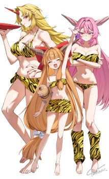 3girls absurdres alternate_costume animal_print arm_up barefoot big_onis_of_gensokyo_(touhou) bikini blonde_hair blush bow breasts brown_horns cleavage closed_eyes closed_mouth commentary_request crossed_arms cup facing_viewer fang full_body gourd hair_bow highres horns hoshiguma_yuugi ibaraki_douji_(touhou) ibaraki_kasen ibuki_suika large_breasts leg_warmers long_hair multiple_girls navel oni open_mouth pink_eyes pink_hair red_bow red_eyes red_horns red_nails sakazuki signature simple_background single_horn skin_fang small_breasts smile stomach swimsuit tadano1129 tiger_print toes touhou very_long_hair white_background yellow_bikini yellow_leg_warmers