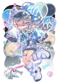 Rule 34 | 1girl, absurdres, apple hair ornament, arm strap, ball, balloon, black hair, black hat, black skirt, blue eyes, blue hat, bone hair ornament, bow, bowtie, closed mouth, detached sleeves, foamamm, food-themed hair ornament, full body, gradient hair, hair ornament, hairclip, hat, highres, inkling, inkling girl, inkling player character, jester cap, long hair, long sleeves, looking at viewer, loose socks, low twintails, maid headdress, mole, mole under mouth, multicolored hair, multicolored hat, nintendo, pointy ears, polka dot, polka dot bow, polka dot bowtie, polka dot headwear, polka dot sleeves, sample watermark, shirt, shoes, skirt, sleeveless, sleeveless shirt, sleeves past fingers, sleeves past wrists, socks, solo, splatoon (series), star (symbol), star hair ornament, striped hat, thigh strap, twintails, very long hair, watermark, white bow, white bowtie, white hair, white hat, white shirt, white shoes, white sleeves, white socks, x hair ornament