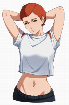 1girl arms_behind_head closed_mouth crop_top cropped_torso eyelashes grid_background gundam gundam:_hathaway's_flash highres kelia_dace marulka midriff navel orange_eyes orange_hair pixie_cut shirt short_hair short_sleeves simple_background very_short_hair white_background white_shirt