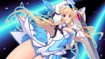 1girl arm_up armor armored_dress blonde_hair blue_dress blue_eyes breasts cleavage clenched_teeth cowboy_shot dress dutch_angle elbow_gloves erika_la_etienne floating_hair frills game_cg gloves hair_between_eyes holding holding_sword holding_weapon huge_weapon juliet_sleeves kourin_tenshi_en_ciel_rena large_breasts large_variant_set long_hair long_sleeves looking_at_viewer magical_girl non-web_source official_art puffy_sleeves saitou_natsuki short_dress skirt solo suhamaya sword teeth thighs variant_set very_long_hair weapon white_gloves