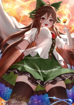 1girl absurdres arm_cannon bird_wings black_thighhighs black_wings blush bow breasts brown_hair commentary control_rod_(touhou) energy_ball green_bow green_skirt hair_bow highres long_hair looking_at_viewer open_mouth puffy_short_sleeves puffy_sleeves red_eyes reiuji_utsuho shirt short_sleeves skirt smile solo soo_kazahana thighhighs third_eye third_eye_on_chest touhou twitter_username very_long_hair weapon white_shirt wings
