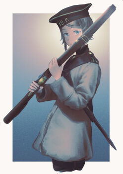 absurdres black_hat black_pants blue_eyes border closed_mouth commentary cowboy_shot crimean_war gradient_background grey_hair grey_jacket gun gun_sling hat highres holding holding_gun holding_weapon imperial_russian_army jacket karasumi_(sumizono) looking_at_viewer military military_hat military_uniform original pants russia russian_empire short_hair weapon white_border
