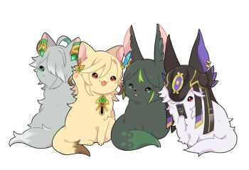 4others alhaitham_(genshin_impact) animal_ears card cat cat_ears cat_paw cat_tail closed_mouth cyno_(genshin_impact) earrings genshin_impact highres holding holding_card jewelry kaveh_(genshin_impact) multiple_others nasuka_gee open_mouth tail tighnari_(genshin_impact) white_background