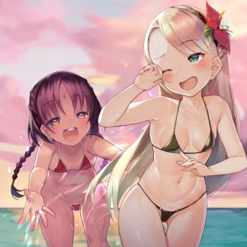2girls asha_(fate) bikini blonde_hair dark-skinned_female dark_skin fate/grand_order fate_(series) gerda_(fate) loli multiple_girls p_answer swimsuit tagme