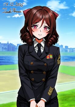 1girl alternate_costume artist_name black_jacket black_necktie black_skirt blush bow brown_hair buttons collared_shirt commentary_request dated double-breasted drill_hair hair_bow harukaze_(kancolle) highres hisama_tomoki jacket japan_maritime_self-defense_force japan_self-defense_force kantai_collection long_hair long_sleeves looking_at_viewer military military_dress_uniform military_rank_insignia military_uniform naval_dress_uniform naval_uniform necktie one-hour_drawing_challenge red_bow red_eyes ribbon_bar shirt skirt smile solo twin_drills white_shirt