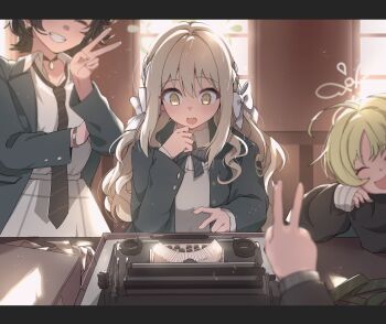 1other 3girls ahoge aroha_j backlighting black_hair black_necktie blonde_hair blue_archive bow bowtie closed_eyes collared_shirt commentary_request facing_viewer fuyu_(blue_archive) green_hair grin hair_bow halo highres indoors jacket letterboxed loose_necktie miyo_(blue_archive) multiple_girls necktie open_mouth pov ritsu_(blue_archive) shirt sleeves_past_wrists smile striped_bow striped_bowtie striped_clothes sunlight typewriter v white_bow white_shirt window