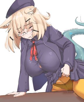 1girl absurdres animal_ear_fluff animal_ears arknights black_hat blonde_hair breasts button_gap crotch_rub glasses hat highres huge_breasts jacket masturbation medium_hair neck_ribbon open_clothes open_jacket panties panties_under_pantyhose pantyhose radioneet ribbon solo table_humping twintails underwear utage_(arknights) utage_(disguise)_(arknights) yellow_pantyhose