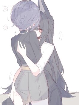 ... 2girls absurdres animal_ear_fluff animal_ears belle_(zenless_zone_zero) black_hair black_shirt blue_hair blush commentary_request ear_blush fox_ears fox_girl grey_skirt hand_on_another's_back hand_on_another's_leg heart highres hoshimi_miyabi hug long_hair motion_lines multiple_girls red_eyes shirt short_hair simple_background skirt sleeves_rolled_up spoken_ellipsis spoken_heart white_background white_shirt yuri zenless_zone_zero zzzii0