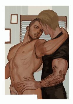 2boys abs arm_around_neck bara beard_stubble black_hair call_of_duty call_of_duty:_modern_warfare_2 clothed_male_nude_male completely_nude couple cowboy_shot facial_hair foreplay ghost_(modern_warfare_2) highres kdf_(nomorelemontea) large_pectorals male_focus mature_male multiple_boys muscular muscular_male mustache_stubble navel nipples no_mask nude pectorals seductive_smile short_hair smile soap_(modern_warfare_2) standing stomach stubble thick_eyebrows undercut yaoi