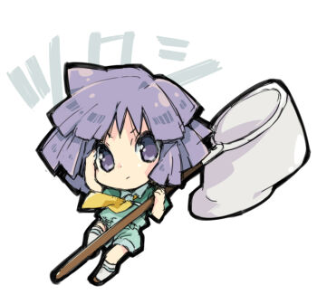 1boy brown_shoes bugsy_(pokemon) butterfly_net chibi closed_mouth collared_shirt commentary_request full_body green_shirt green_shorts hand_net holding holding_butterfly_net kneehighs male_focus nakamura_sandayo neckerchief nintendo pokemon pokemon_hgss purple_eyes purple_hair shirt shoes short_sleeves shorts socks solo white_background white_socks yellow_neckerchief