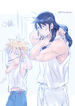 2boys adjusting_hair_ornament black_hair blonde_hair blue_pants dasshu_(dashi_now) drawstring facial_hair hair_between_eyes hair_ornament hair_tie_in_mouth hairclip ishuzoku_reviewers long_hair male_focus mouth_hold multiple_boys mustache_stubble pants scar scar_on_face sparse_stubble stubble stunk tank_top tying_hair upper_body white_pants zel_(ishuzoku_reviewers)