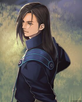 1boy black_hair blue_eyes blue_jacket closed_mouth earrings final_fantasy final_fantasy_viii grass hair_behind_ear highres jacket jewelry laguna_loire light_smile long_hair male_focus military_jacket official_art outdoors sideburns solo square_enix swept_bangs